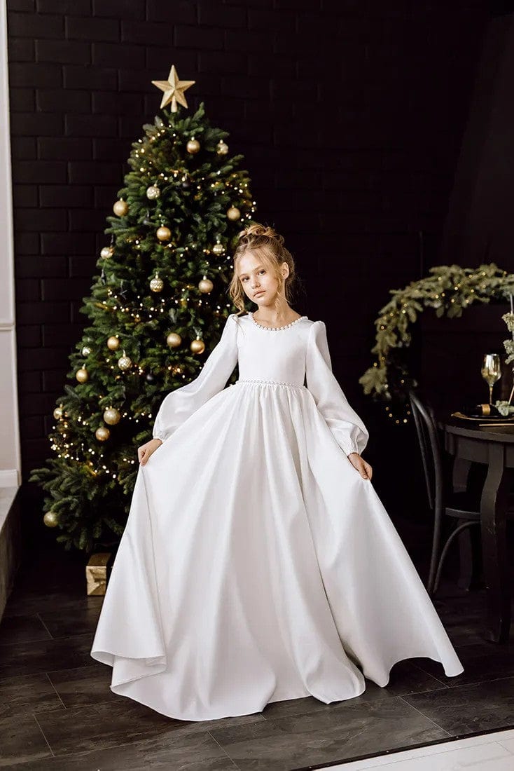 Sunnypetal Ivory Satin Flower Girl Dress Puffy Long Sleeves High Waist –  sunnypetal