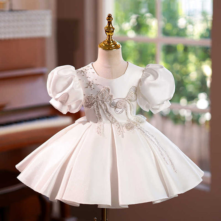 3m / Ivory Sunnypetal Ivory Satin Short Sleeves Knee-Length Flower Girl Dress with Bow