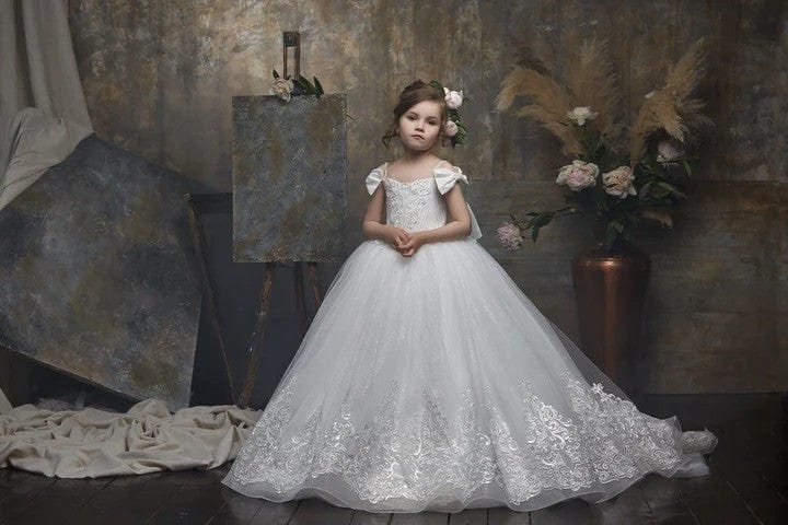 3m / Ivory Sunnypetal Ivory Tulle Flower Girl Dresses Wedding Gown with Satin Bow Shoulders