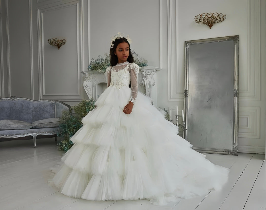 3m / Ivory Sunnypetal Layered Fluffy Tulle Lace Flower Girl Dress Communion Celebration Party Gown