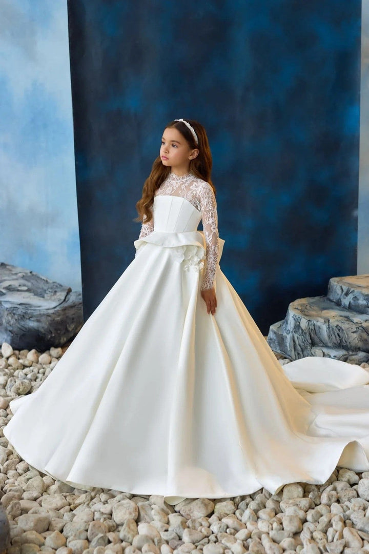 3m / Ivory Sunnypetal Long Sleeves Lace Appliques Long Princess Satin Communion Dress with 3D Flowers