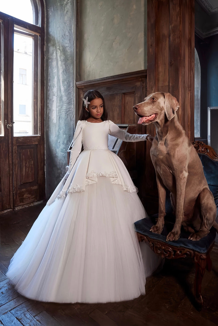 3m / Ivory Sunnypetal Long Sleeves Satin Lace Embroidery Princess Tulle Communion Dress