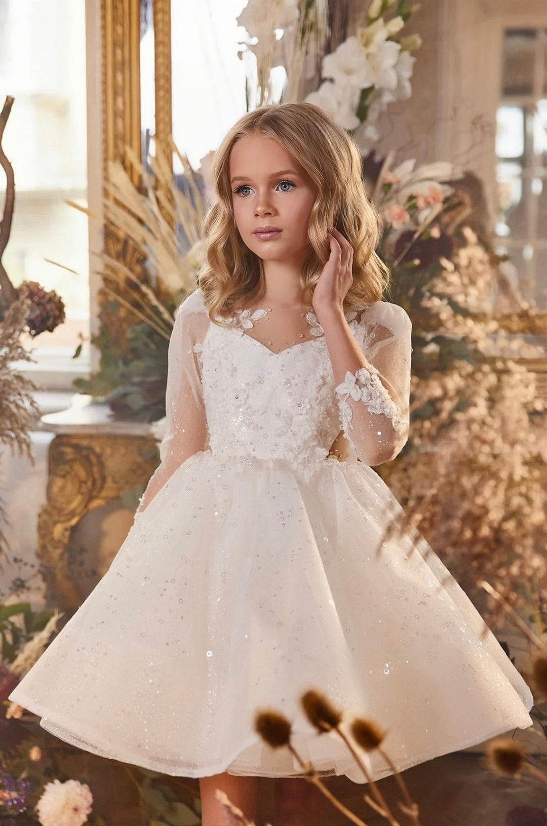 3m / Ivory Sunnypetal Long Sleeves Shiny Tulle Knee-Length Flower Girl Dresses with Sweetheart Neckline