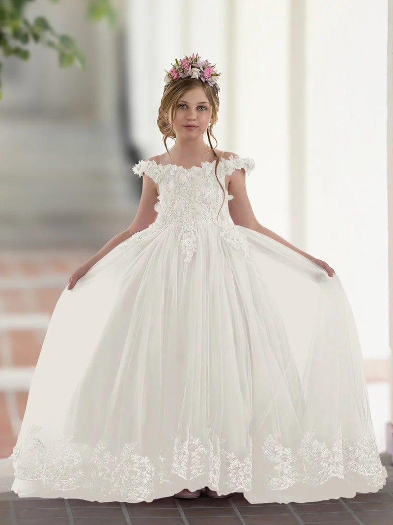 3m / Ivory Sunnypetal Pink Princess Flower Girl Dress Lace Appliques Girl Birthday Pageant Dance Dress