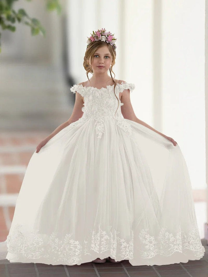 3m / Ivory Sunnypetal Pink Princess Flower Girl Dress Lace Appliques Girl Birthday Pageant Dance Dress