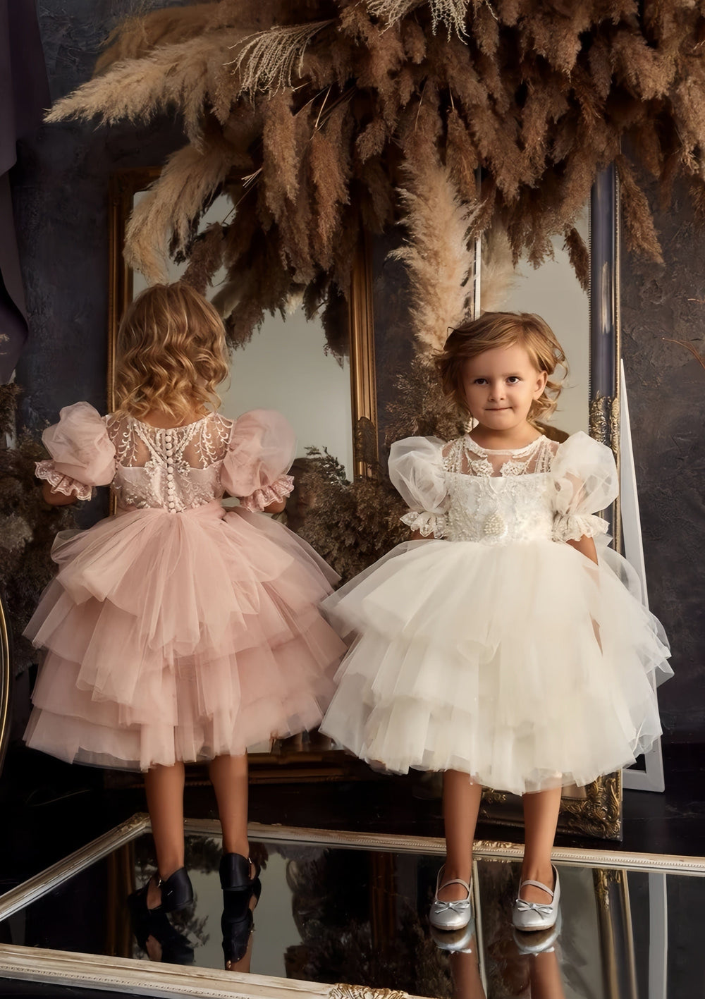 3m / Ivory Sunnypetal Puff Sleeve Lace Applique Layered Tulle Skirt Flower Girl Dress