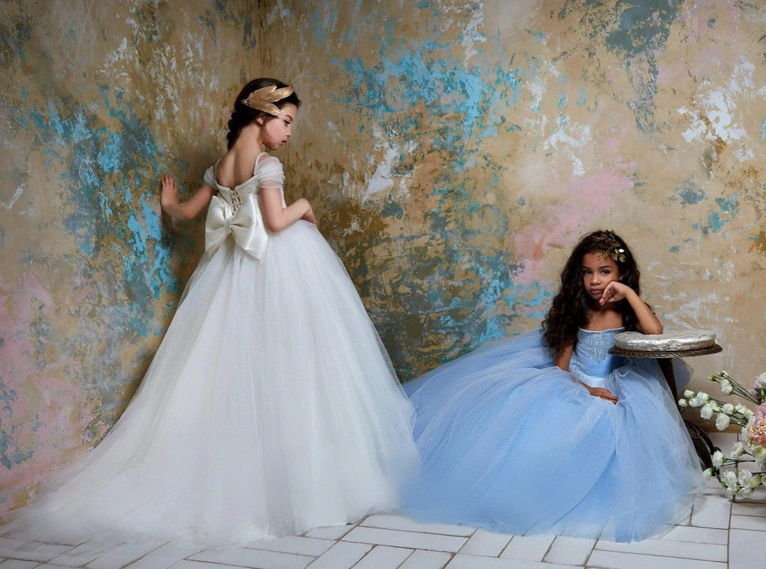 3m / Ivory Sunnypetal Sky Blue Tulle Dress for Girls with Beaded Fringe Bodice