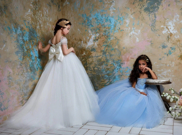 3m / Ivory Sunnypetal Sky Blue Tulle Dress for Girls with Beaded Fringe Bodice