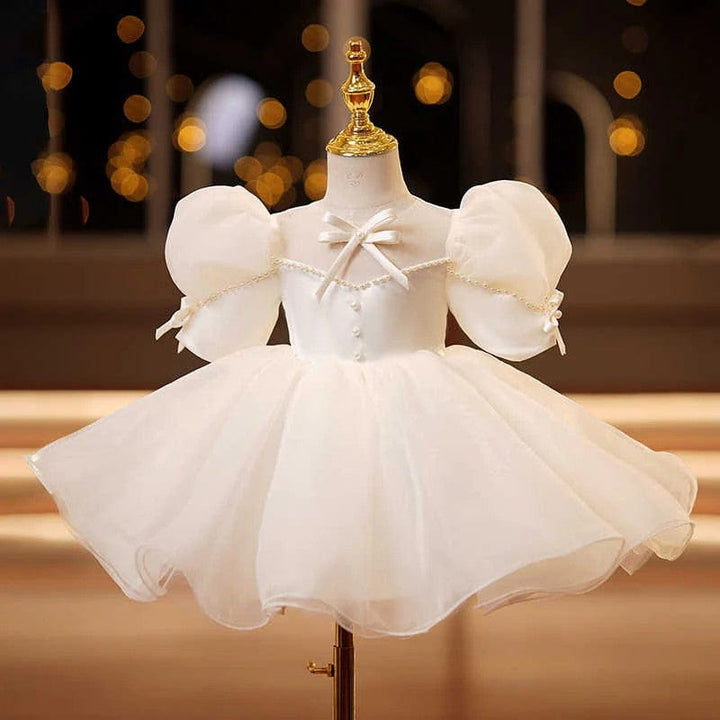 3m / Ivory Sunnypetal Vintage Puff Sleeves Bows Pearls Knee-Length Flower Girl Dresses