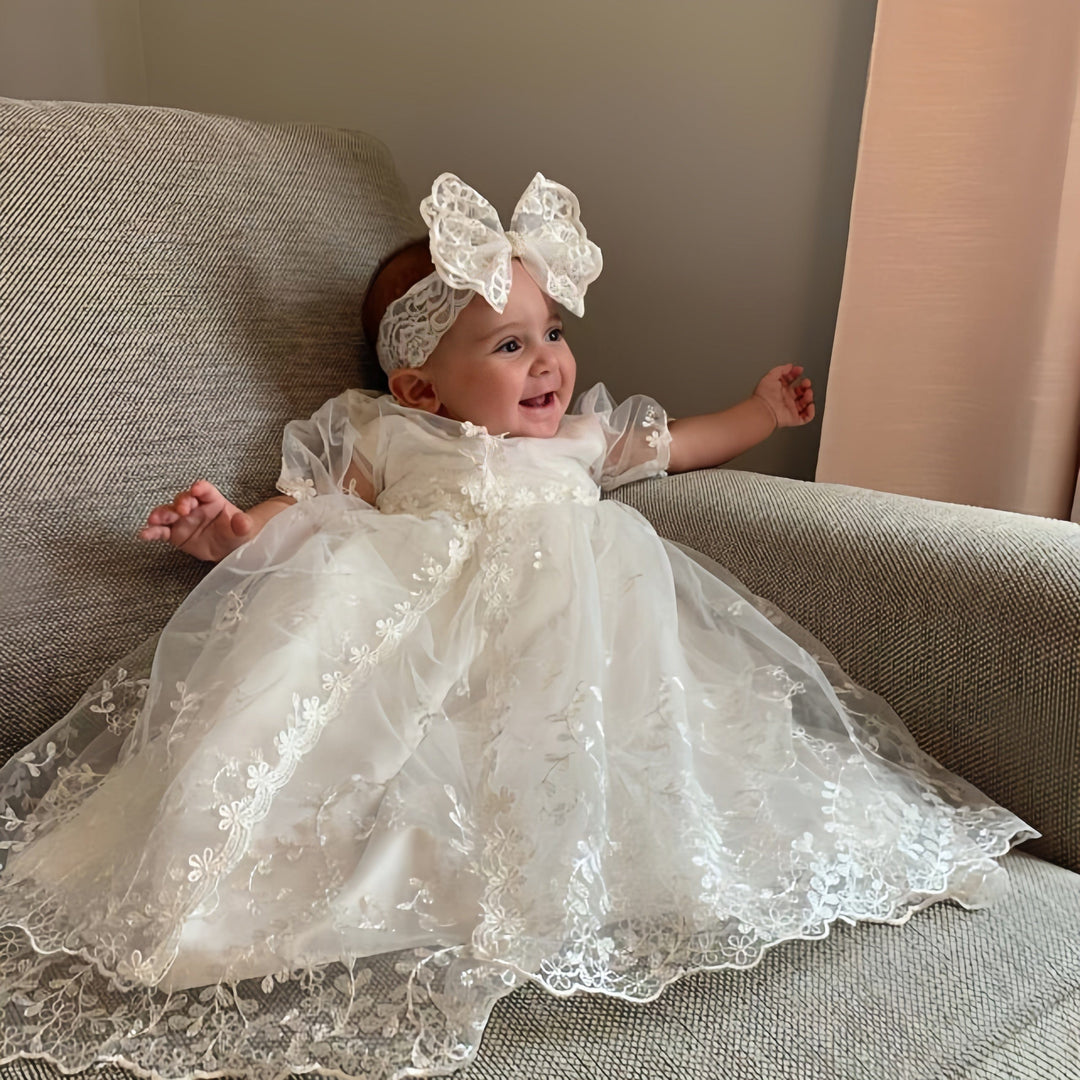 3m / Ivory Without Headdress Sunnypetal Amelia Short Sleeves Baby Girl Christening Gown