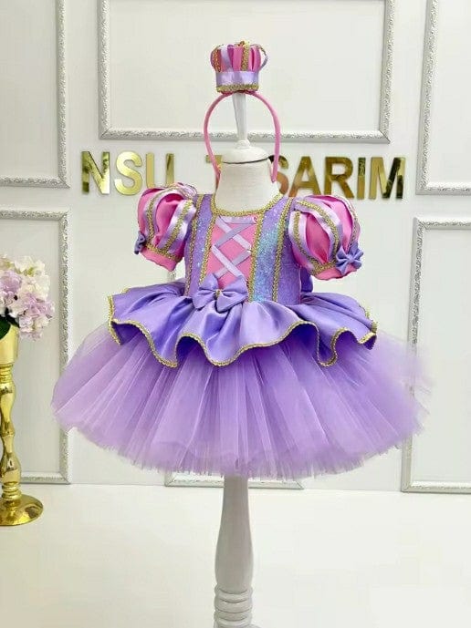 3m / Lavender Sunnypetal Cute Bow Birthday Party Dresses for Baby Girls Tulle Sequin Puffy Knee-Length Gown