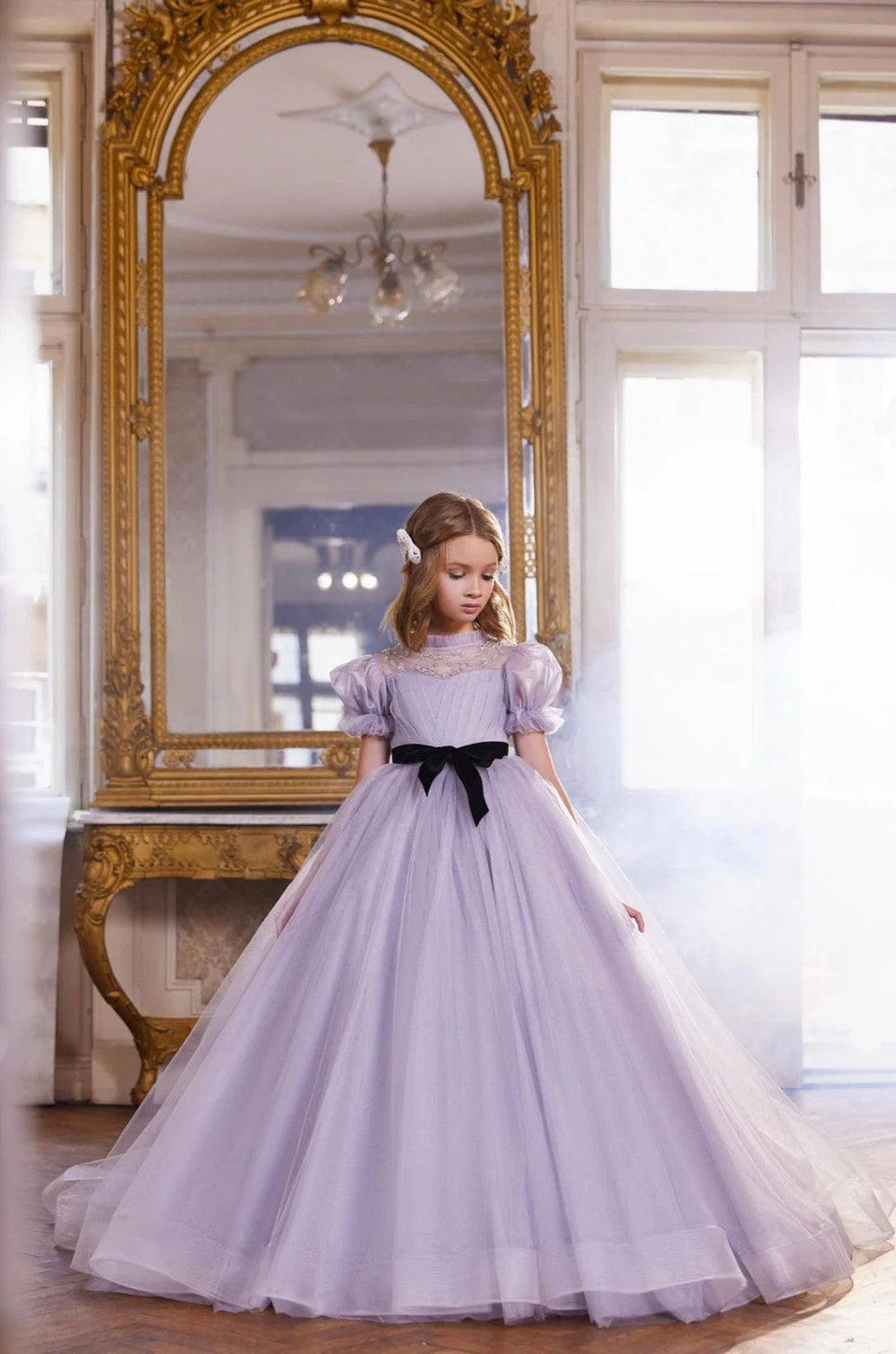 3m / Lavender Sunnypetal Elegant Long Tulle Ball Gown Flower Girl Dresses with Puff Sleeves/Bow