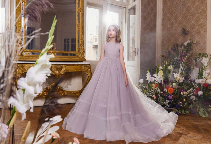 3m / Lavender Sunnypetal Elegant Tulle Flower Girl Dress with Delicate Beads and Flowing Train