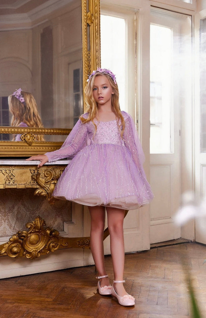3m / Lavender Sunnypetal Enchanted Elegance Shiny Tulle Knee-Length Flower Girl Dresses with Sparkling Cape