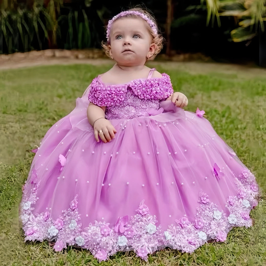 3m / Lavender Sunnypetal Exquisite Off-The-Shoulder Flowers Pearls Birthday Party Ball Gown Baby Toddler Girl Dresses