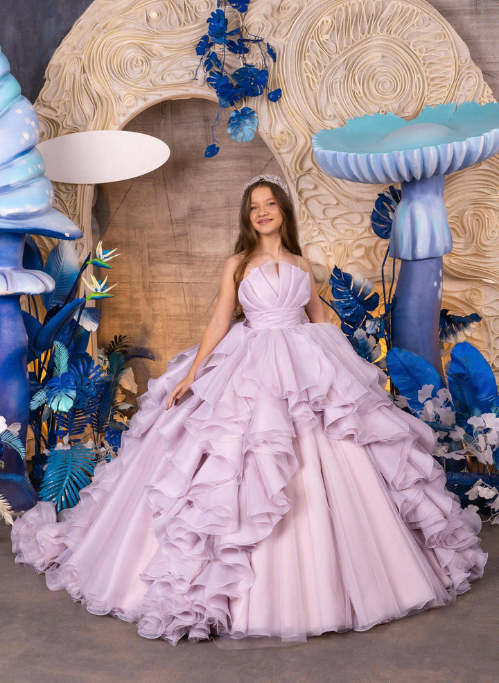 3m / Lavender Sunnypetal Lavender Ruffled Tulle Flower Girl Dress with Sweetheart Neckline and Sparkling Straps