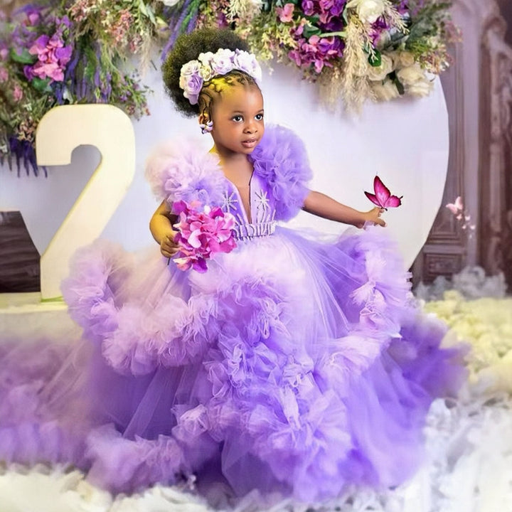 3m / Lavender Sunnypetal Lavender Ruffles Tulle Flower Girl Dresses Baby Kids Pageant Gowns