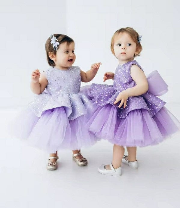 3m / Lavender Sunnypetal Puffy Tulle Flower Girl Dresses Lace Bow Baby Kids Birthday Knee-Length Ball-Gown