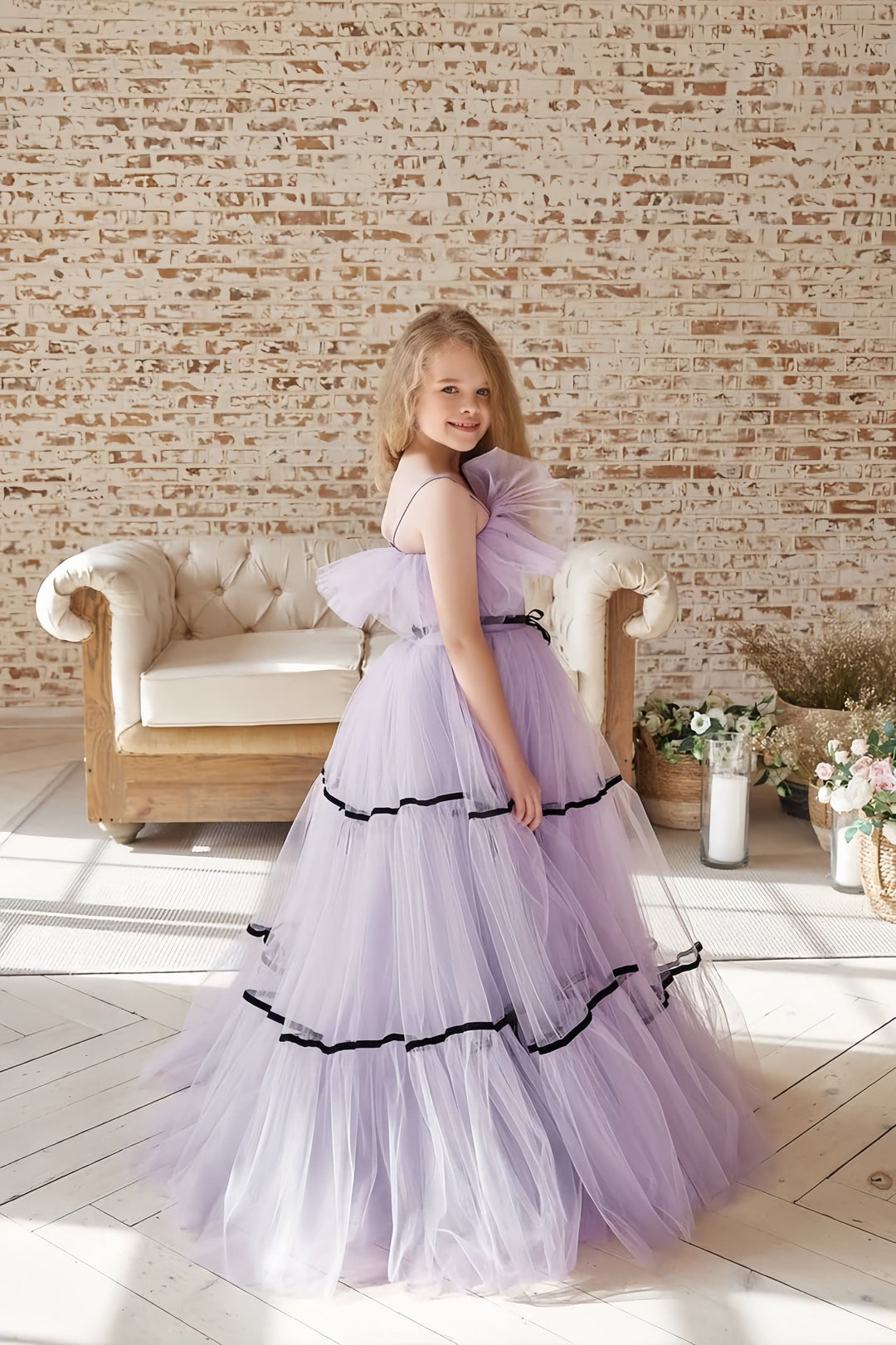 3m / Lavender Sunnypetal Sweet Off-Shoulder Ruffle Neck Tulle Floor-Length Flower Girl Dress