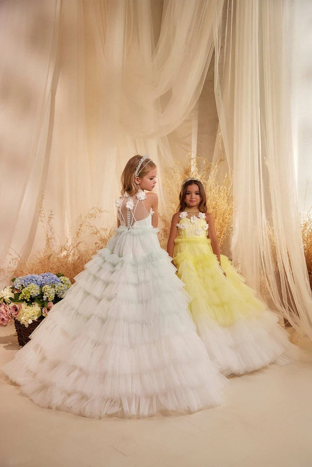 3m / Lemon Sunnypetal Elegant Sleeveless High Neck Ruffled Ombre Flower Girl Dress with 3D Flowers