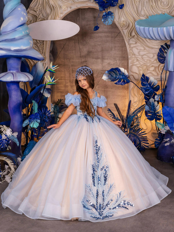 3m / Light Blue and Cappuccino Sunnypetal Light Blue Gradient Sequins Floral Princess Flower Girl Dress Prom Pageant Gowns