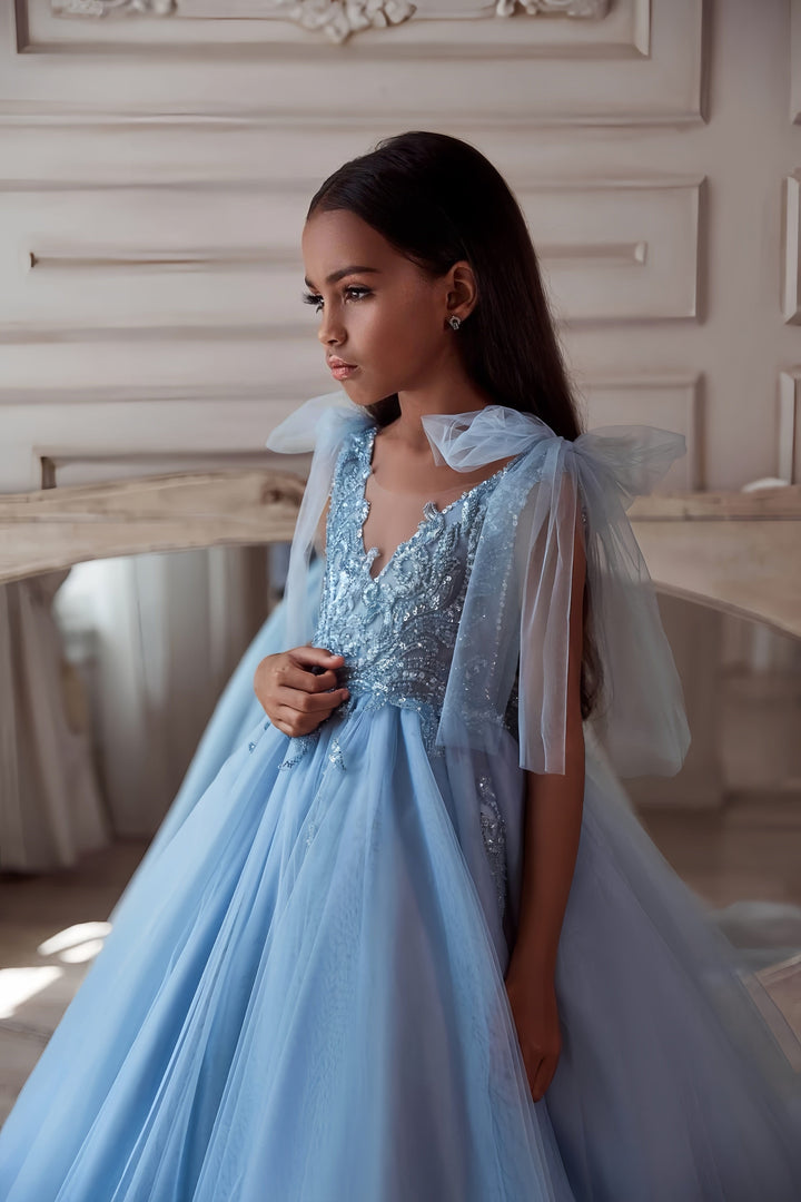 3m / Light Blue Sunnypetal Elegant Light Blue V-Neck Bow Tie Shoulder Long Tulle Flower Girl Dresses