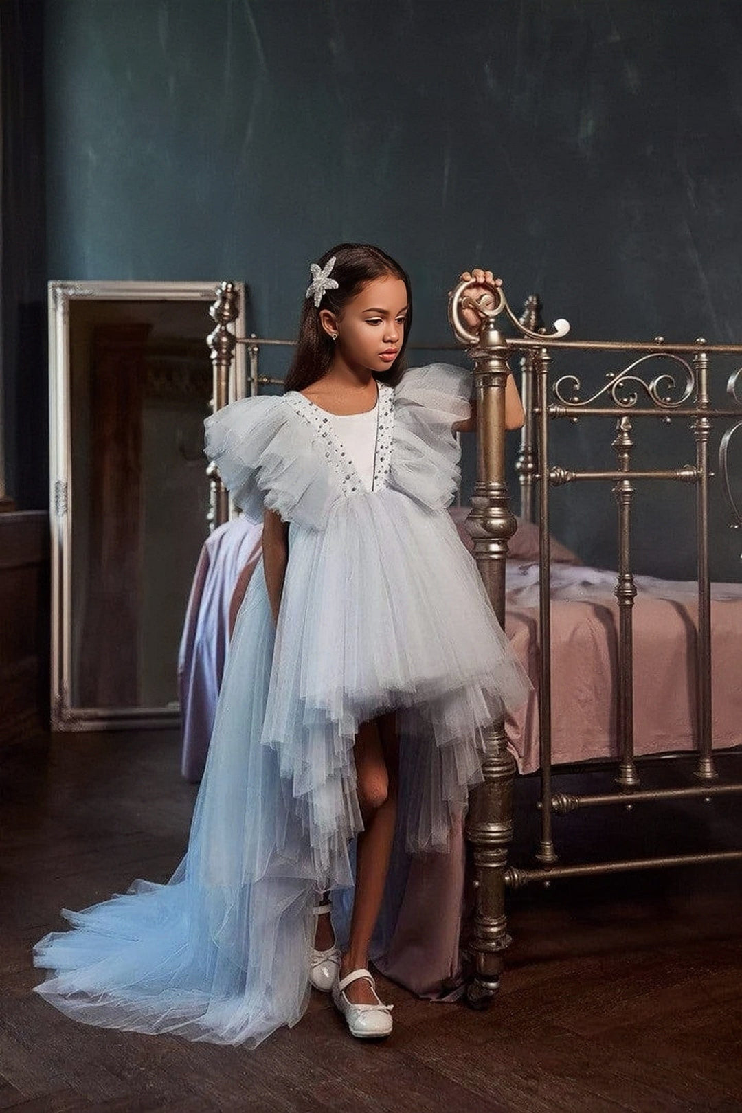 3m / Light Blue Sunnypetal Enchanted Light Blue High Low Ruffled Tulle Flower Girl Dress