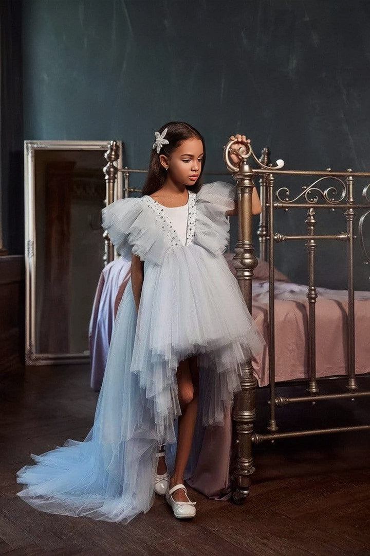 3m / Light Blue Sunnypetal Enchanted Light Blue High Low Ruffled Tulle Flower Girl Dress