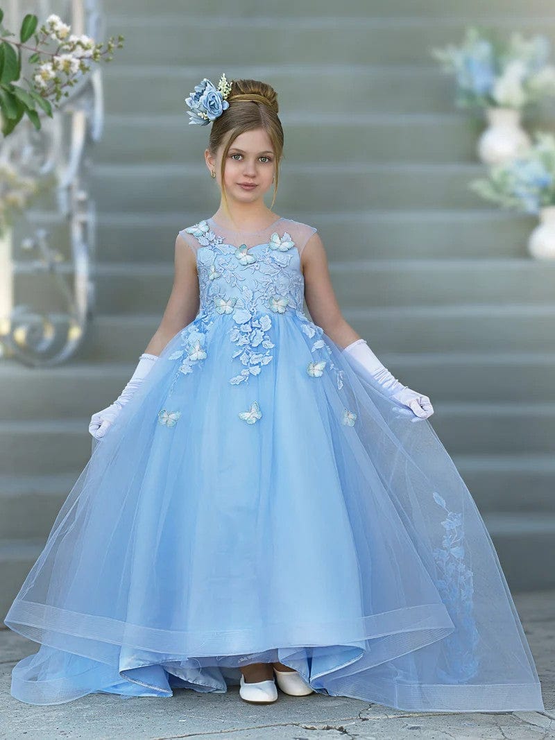 3m / Light Blue Sunnypetal Exquisite Lace Appliques Butterfly Long Tulle Ball Gown Princess Pageant Dress