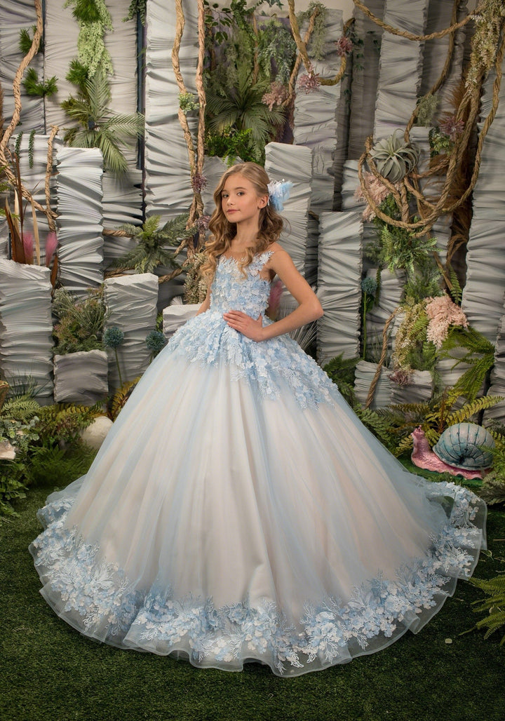3m / Light Blue Sunnypetal Exquisite Light Blue 3D Floral Appliques Flower Girl Dresses Princess Pageant Gown