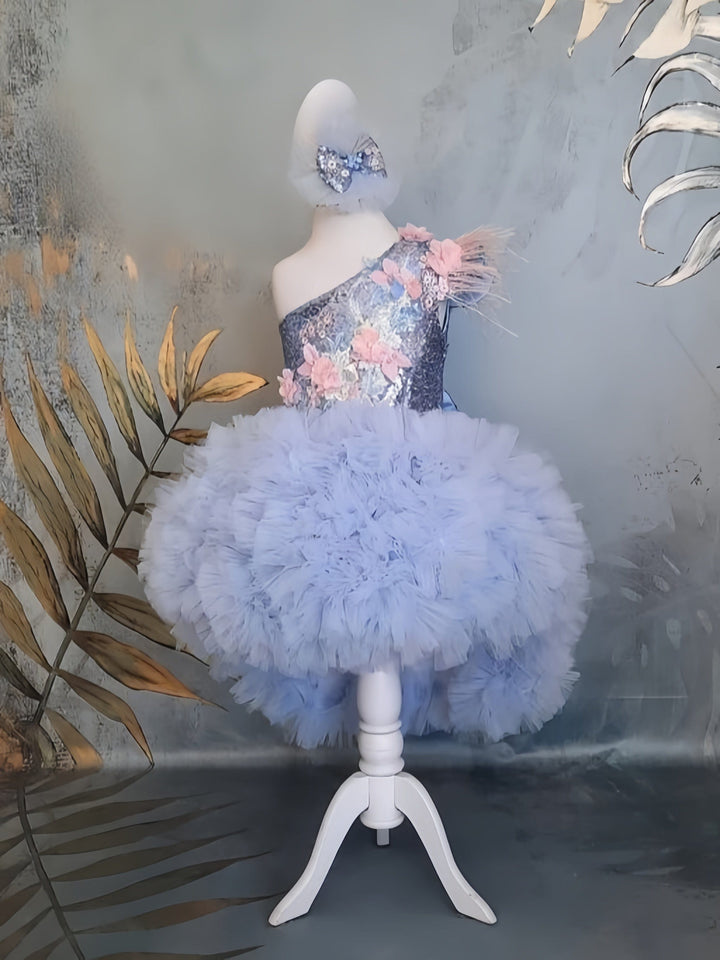 3m / Light Blue Sunnypetal Exquisite Light Blue Asymmetry Flower Girl Dresses Birthday Prom Pageant Gown