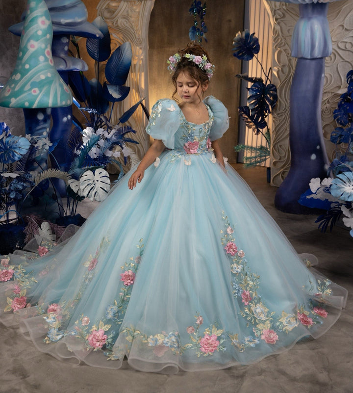 3m / Light Blue Sunnypetal Exquisite Puffy Sleeves Princess 3D Butterfly Flower Appliques Long Tulle Pageant Dress