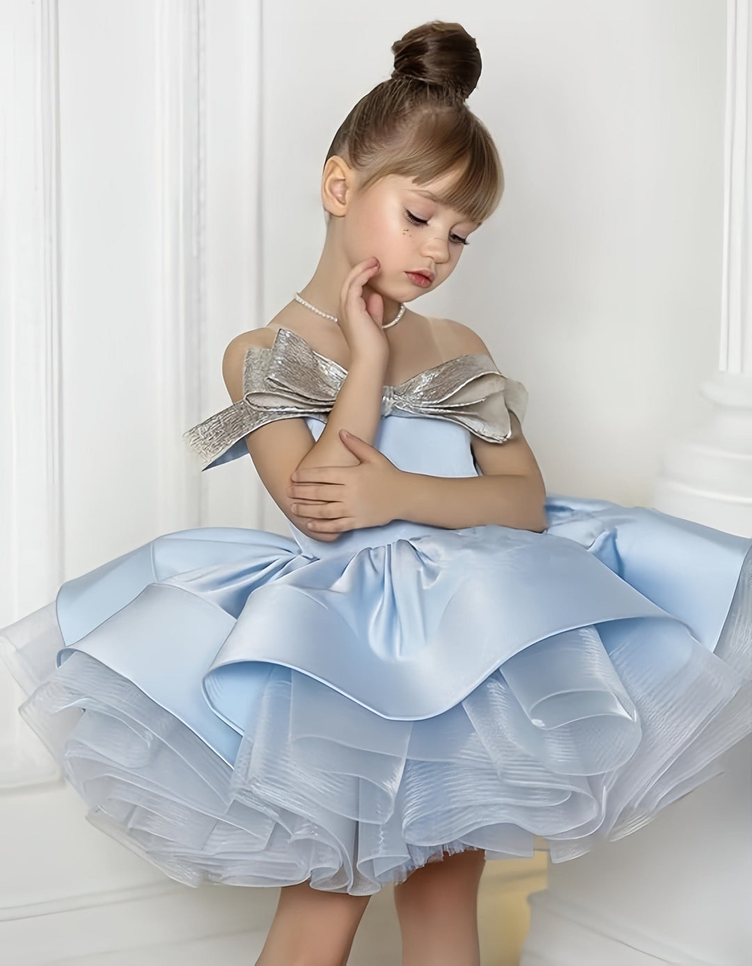 3m / Light Blue Sunnypetal Gold Bow Off-Shoulder Ball Gown Ruffled Christmas Pageant Party Dress for Girls