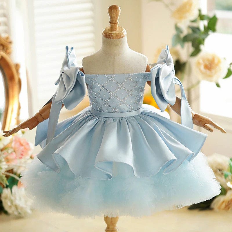 3m / Light Blue Sunnypetal Light Blue Off-Shoulder Knee-Length Flower Girl Dresses with Bow Sleeves