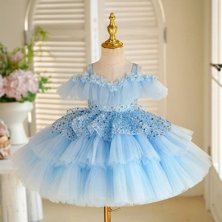 3m / Light Blue Sunnypetal Light Blue Off-Shoulder Layered Tulle Flower Girl Dresses with Sequin / 3D Flower