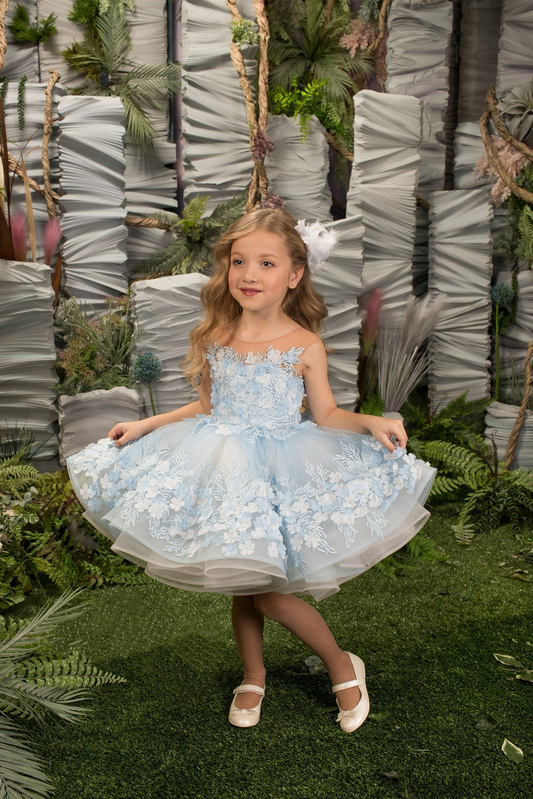 3m / Light Blue Sunnypetal Light Blue Puff Tulle 3D Flora Appliques Knee-Length Flower Girl Dresses