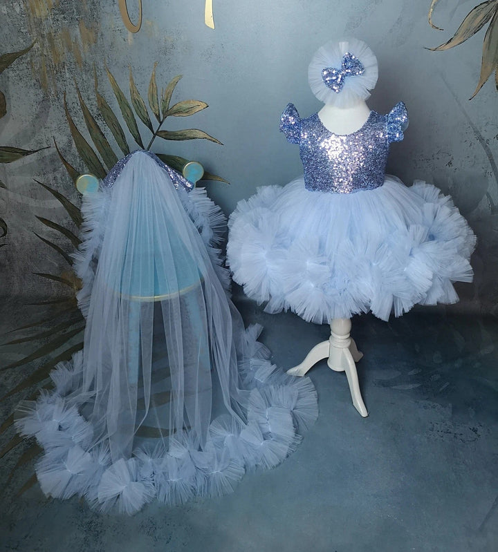 3m / Light Blue Sunnypetal Light Blue Toddler Birthday Pageant Prom Flower Girl Dresses with Detachable Train