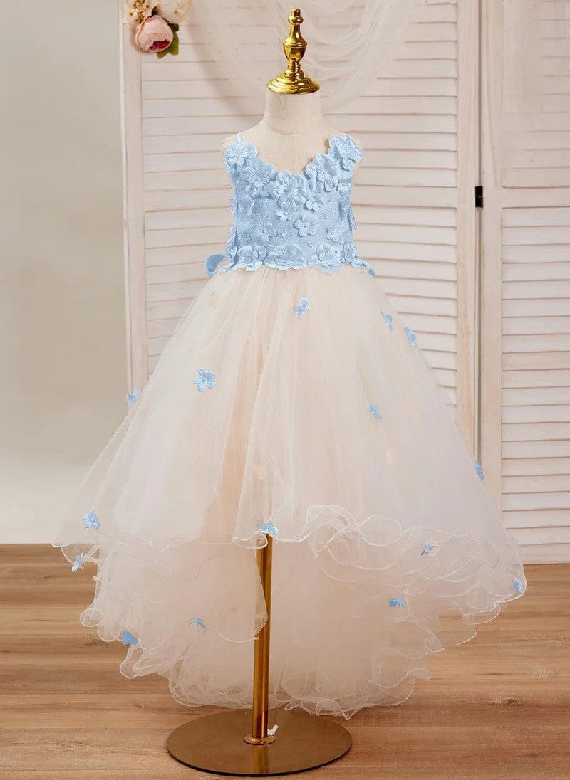 3m / Light Blue Sunnypetal Pink 3D Flower Sleeveless Tulle Asymmetrical Flower Girl Dress