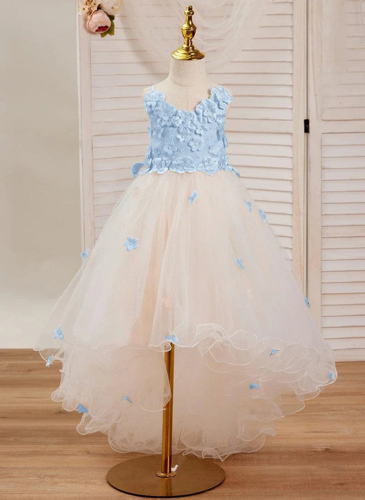 3m / Light Blue Sunnypetal Pink 3D Flower Sleeveless Tulle Asymmetrical Flower Girl Dress