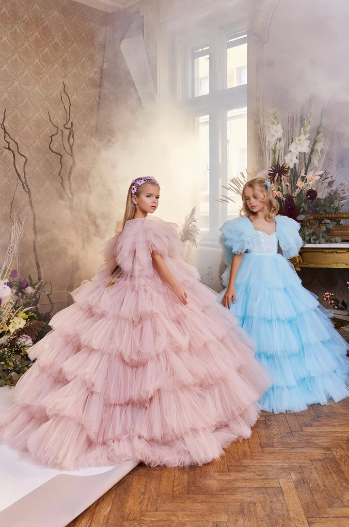 3m / Light Blue Sunnypetal Puff Sleeves Sweetheart Neckline Long Ruffled Tulle Flower Girl Dresses Ball Gown