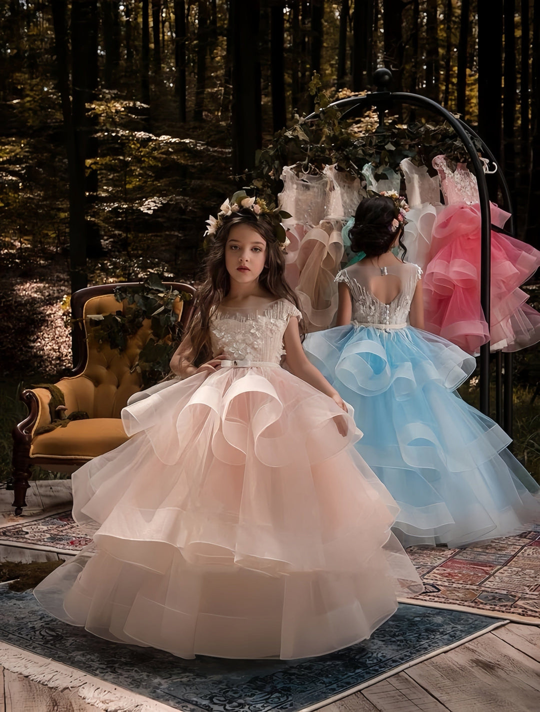 3m / Light Blue Sunnypetal Ruffles Tulle Flower Girl Dresses Wedding Prom Pageant Ball Gown