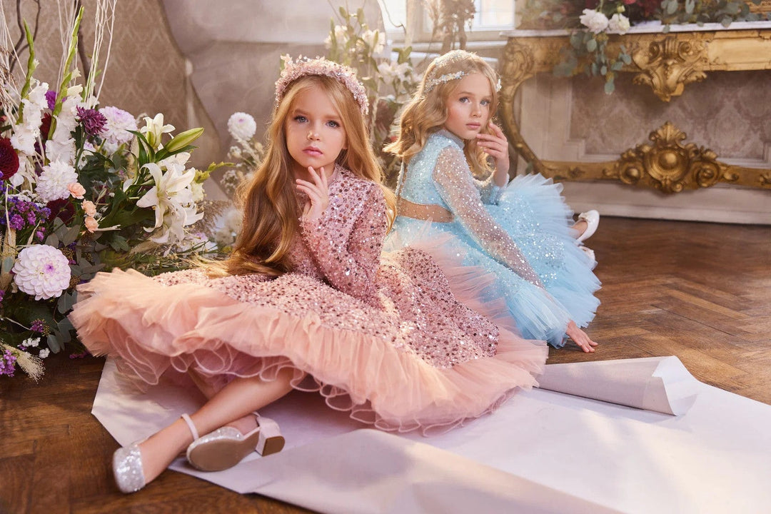 3m / Light Blue Sunnypetal Shiny Sequins Long Sleeves Flower Girl Dresses Knee-Length Birthday Gown