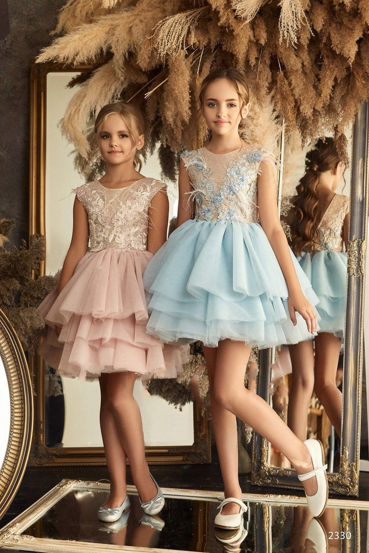 3m / Light Blue Sunnypetal Sparkling Lace Sleeveless Bodice Flower Girl Dresses Knee-Length Tutu Dress