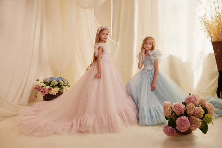 3m / Light Blue Sunnypetal Square Neck Tulle Ruffles Dress Appliques Sequins Ball Gown Flower Girl Dresses