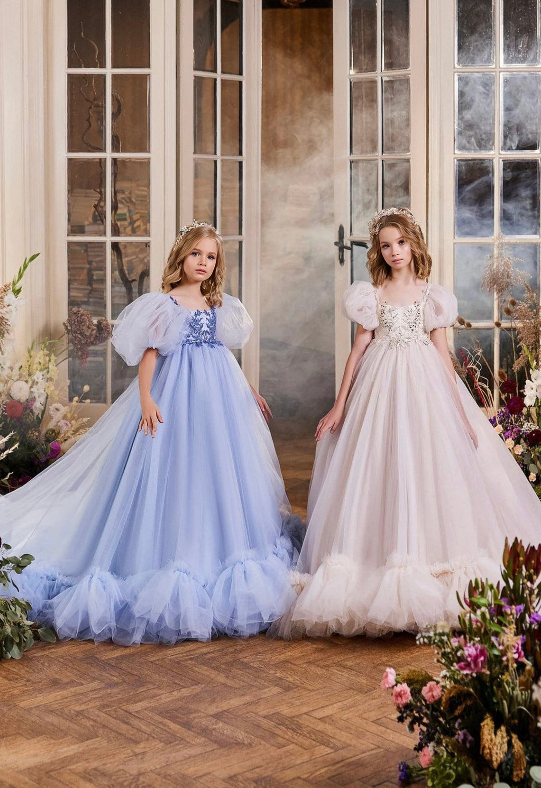 3m / Light Blue Sunnyprtal Many Layers Tulle Flower Girl Gown with Puff Sleeve and Square Neck