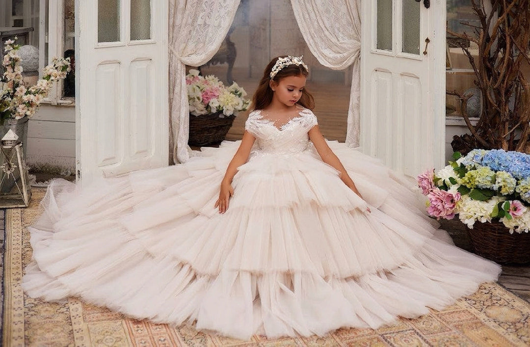 3m / Light Cappuccino Sunnypetal Enchanted Lace Tiered Ball Gown with Crisscross Pleated Bodice