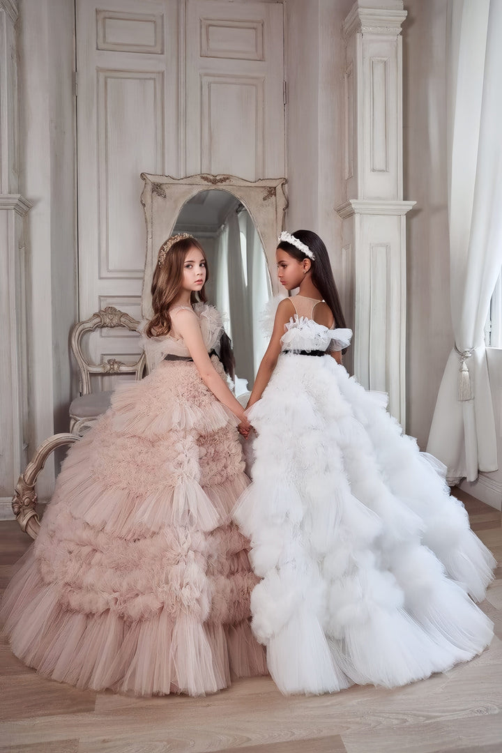 3m / Light Cappuccino Sunnypetal Sophisticated A-Line Tulle Ruffled Flower Girl Dress with Sheer Shoulders & Black Velvet Bow