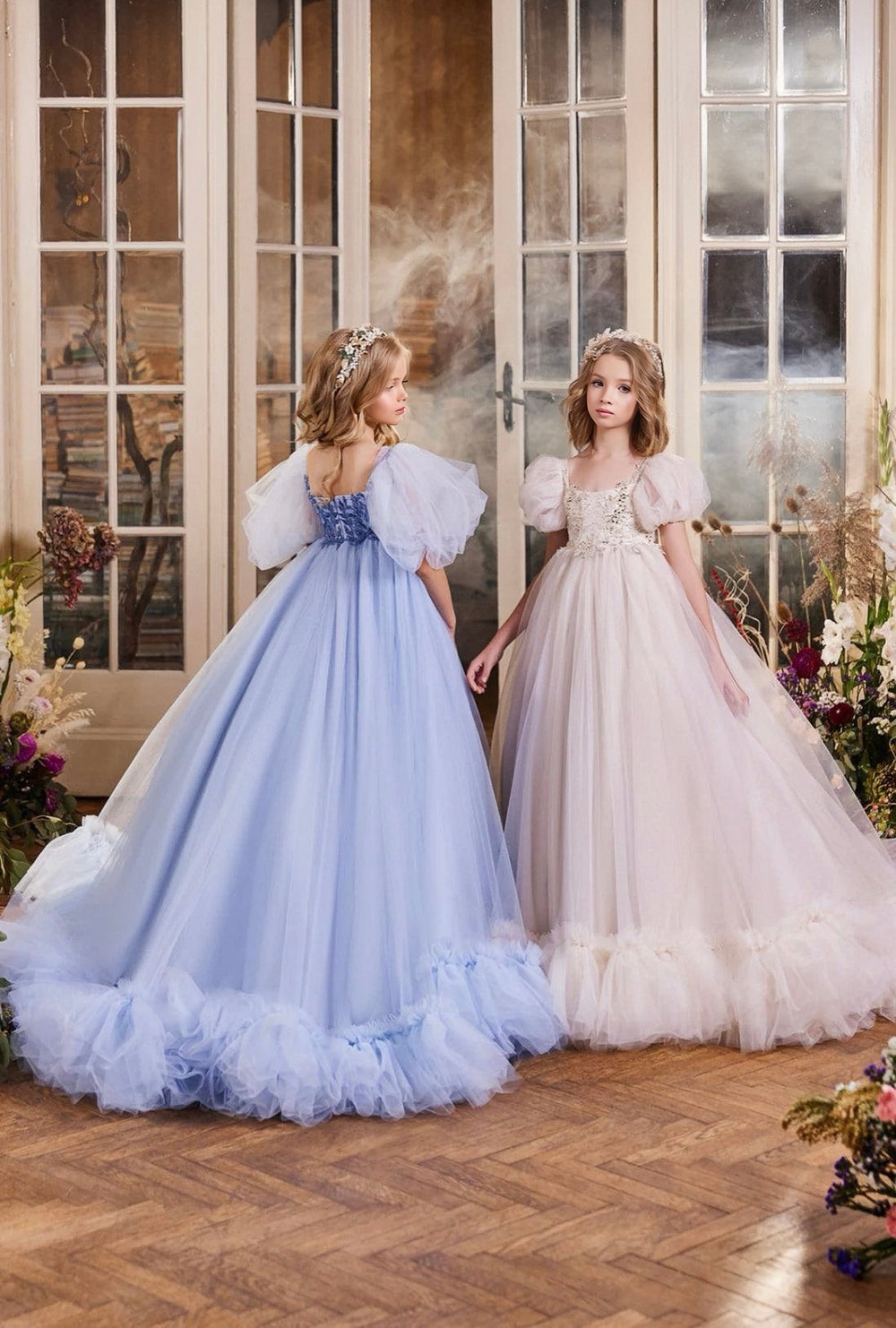 3m / Light Cappuccino Sunnyprtal Many Layers Tulle Flower Girl Gown with Puff Sleeve and Square Neck