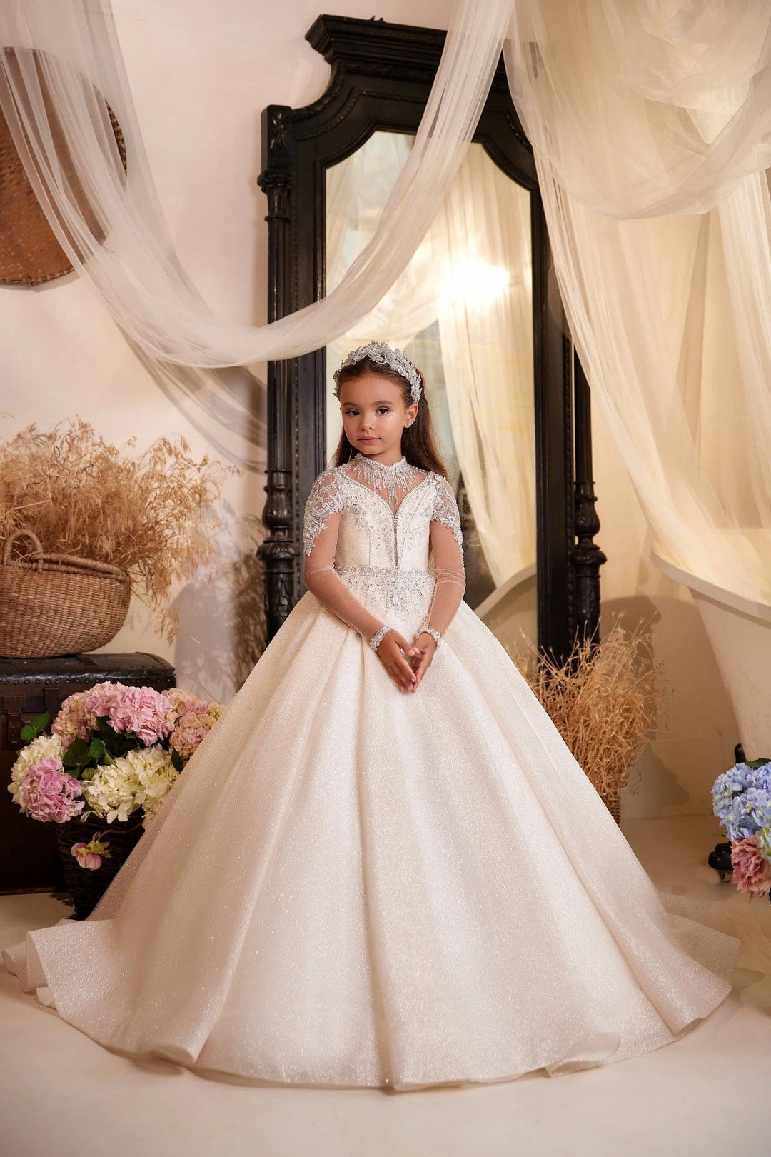 3m / Light Cappucinno Sunnypetal Gorgeous Illusion Long Sleeve Sparkling Tulle Ball Gown Flower Girl Gown
