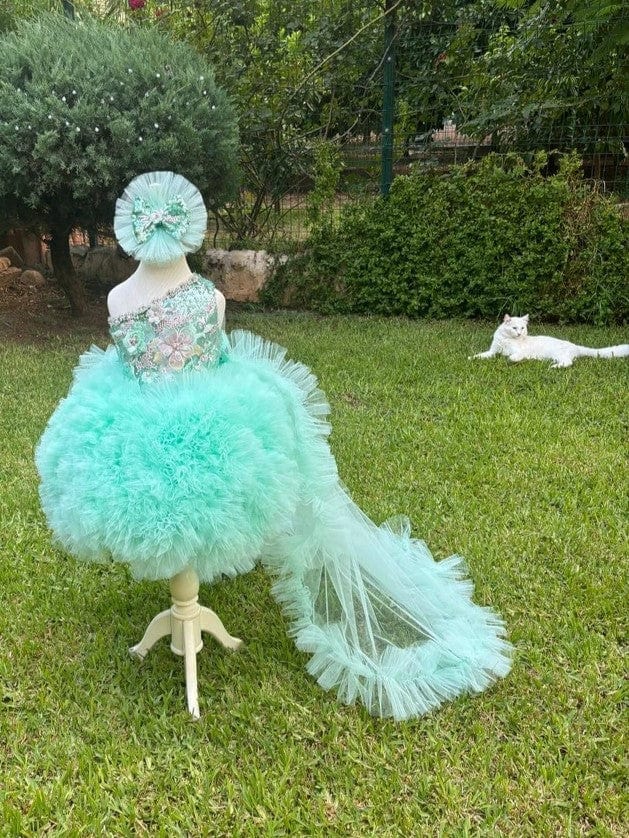 3m / Light Green Sunnypetal Light Green One-Shoulder Embroidery Flowers Flower Girl Dresses for Special Occasion